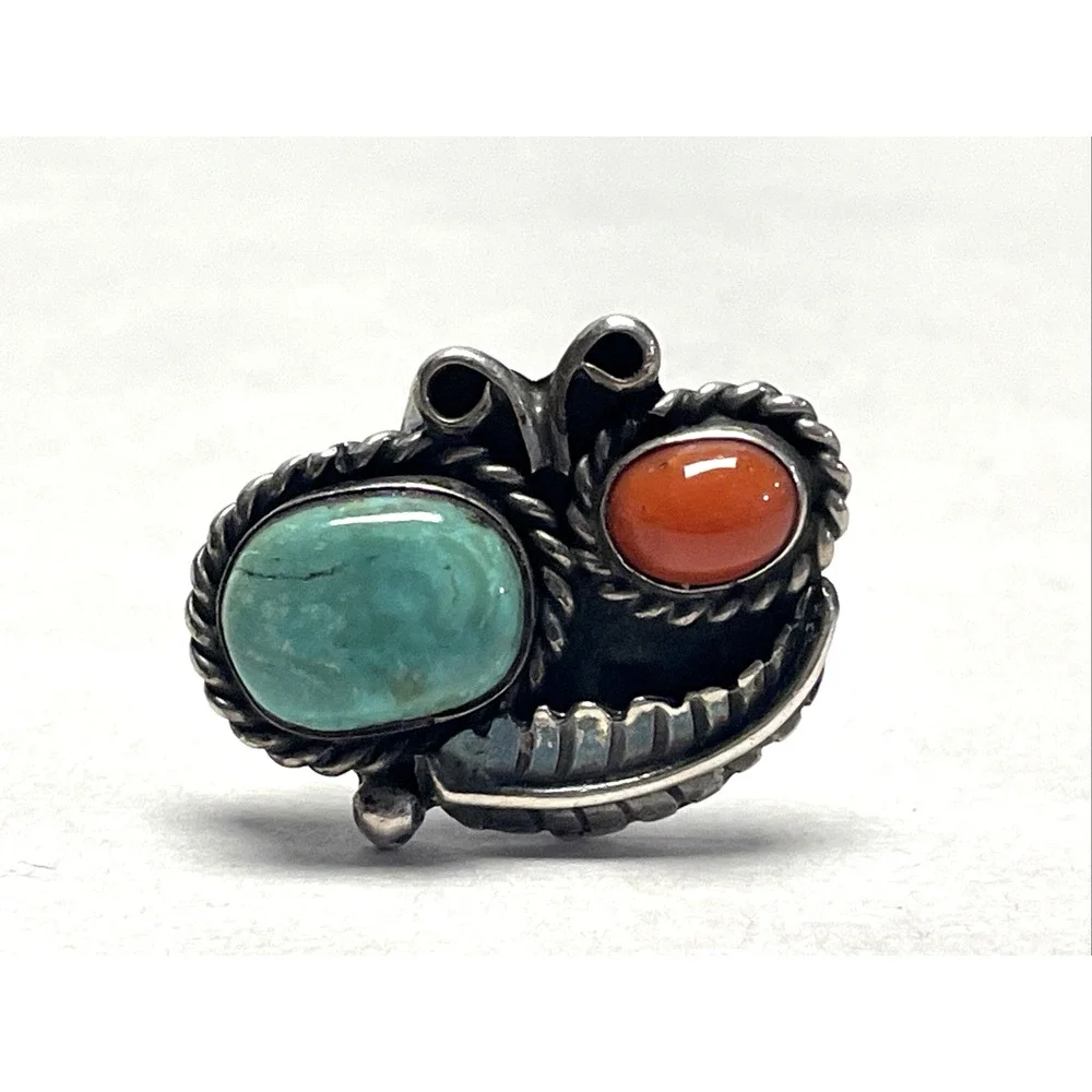 Vintage Native American Sterling Silver Turquoise Coral Ring Size 5